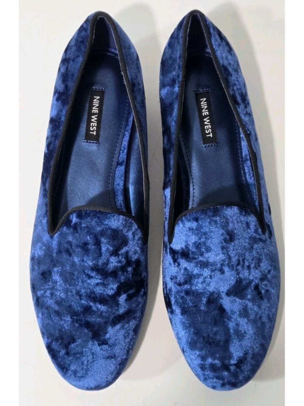 New Nine West Renold Smoking Slippers Blue Velvet Black Trim Slip-On Size 10M